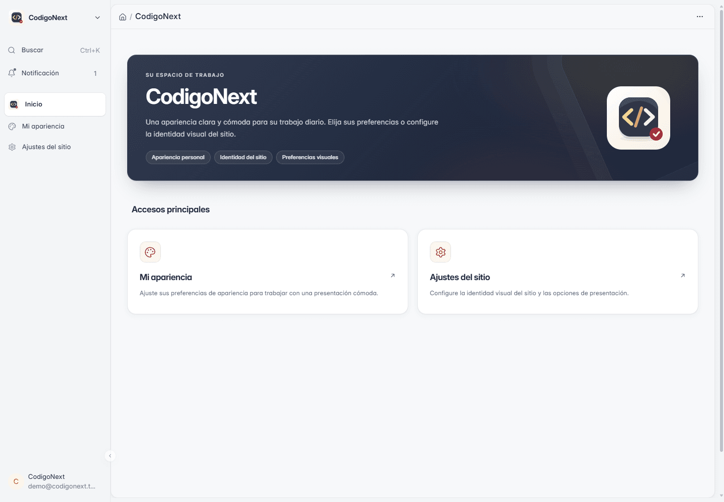 Espacio de trabajo CodigoNext sobre Frappe con accesos a apariencia y ajustes del sitio, en un entorno de demostración